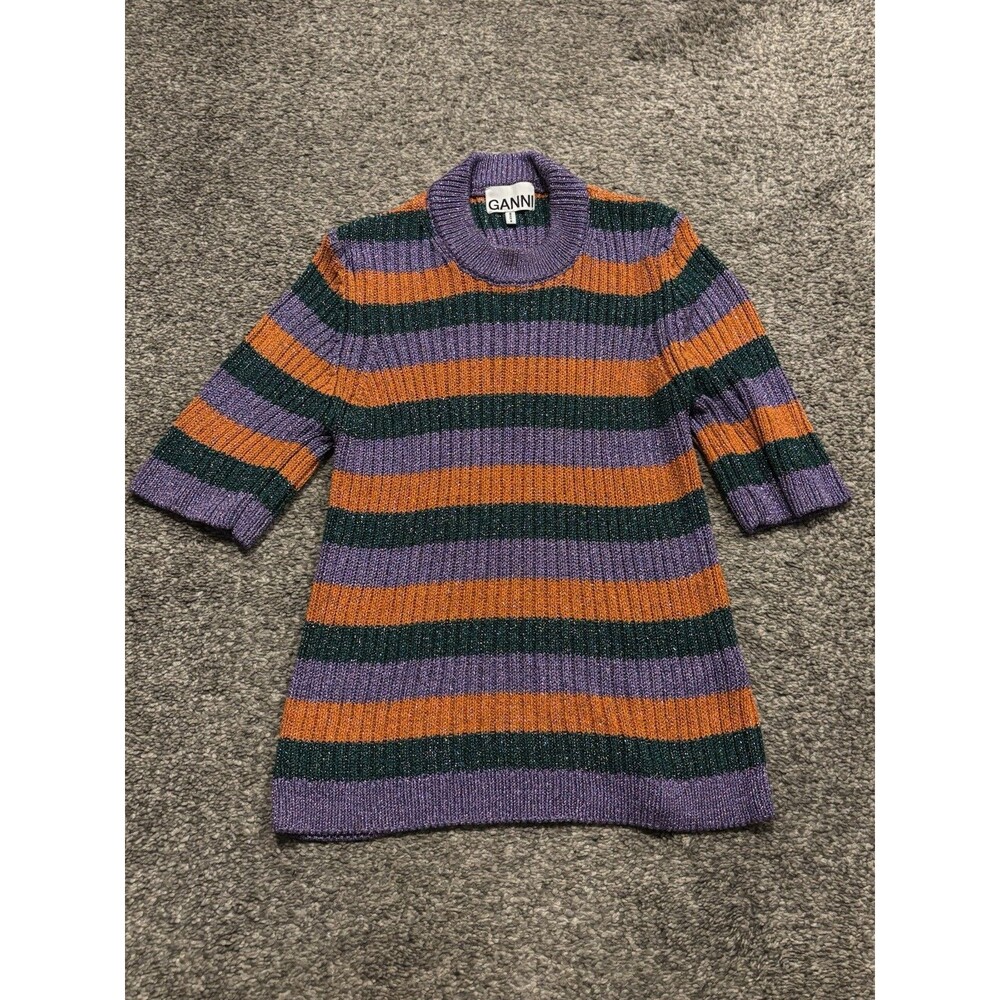 Ganni Stripe Lurex Knit Ribbed Sweater Women Green Orange‎ Purple Size XS